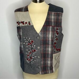Tantrums Vintage Holiday Plaid Patchwork Embroidered Vest